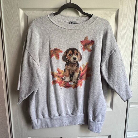 Vintage Women's Large Fall Puppy Sweatshirt Leaves Gray Cut Cropped Sleeve - Picture 11 of 11
